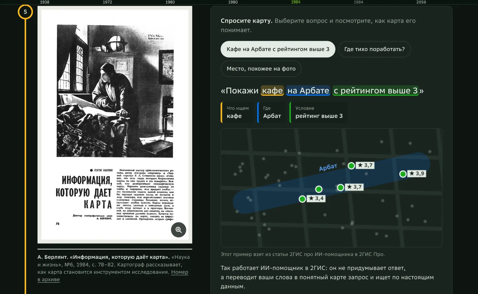 Screenshot of the 1984 chapter: a 1984 magazine article on maps beside an “Ask the map” demo that splits a natural-language query into what, where and condition
