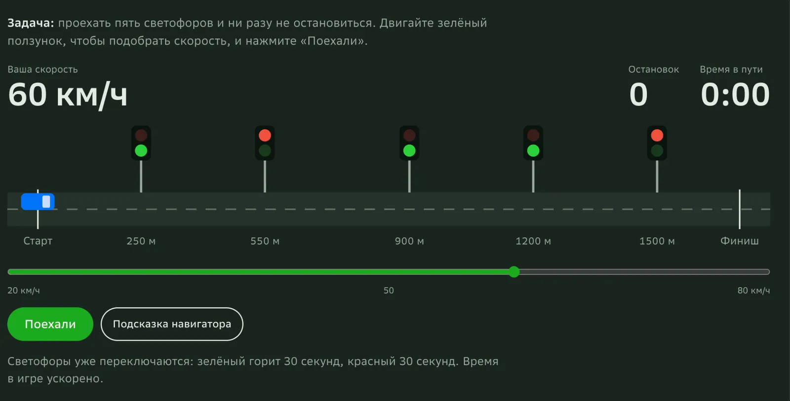 Screenshot of the traffic-light game: choose a speed to pass five lights without stopping