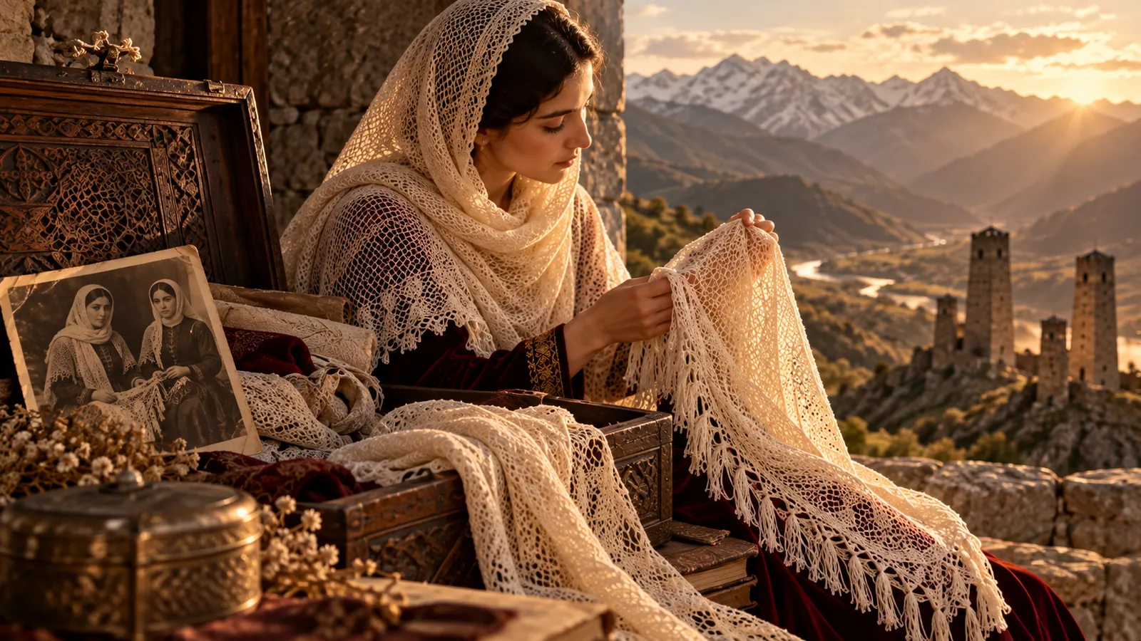A young woman in a cream netted headscarf unfolds another scarf from a carved chest, mountain towers behind her at sunset