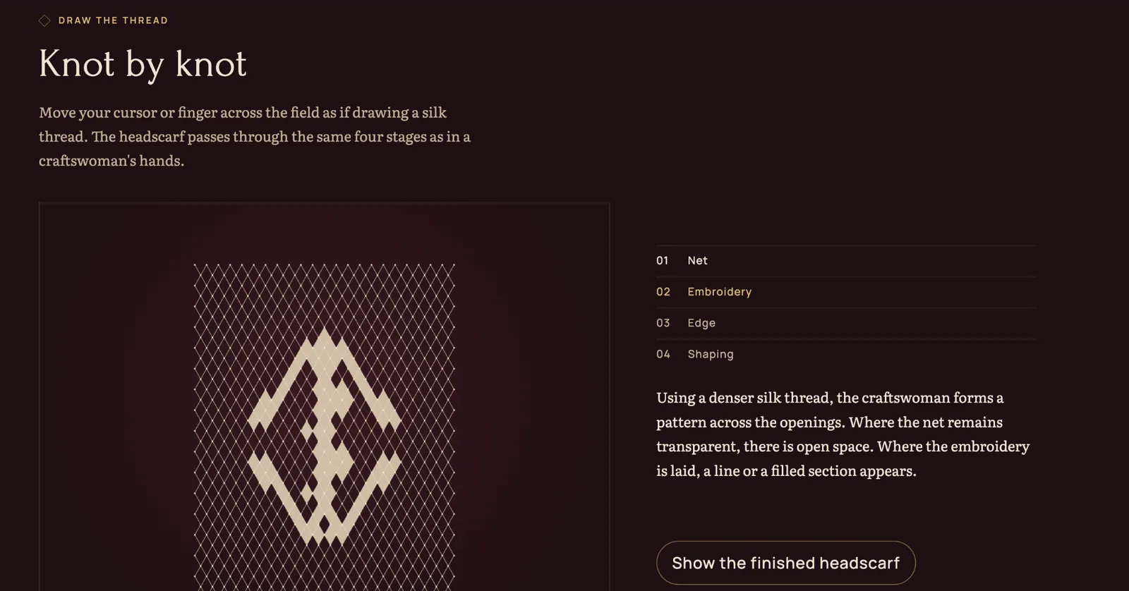 Screenshot of the “Knot by knot” interactive: a netted diamond pattern drawn by the cursor, with four craft stages listed