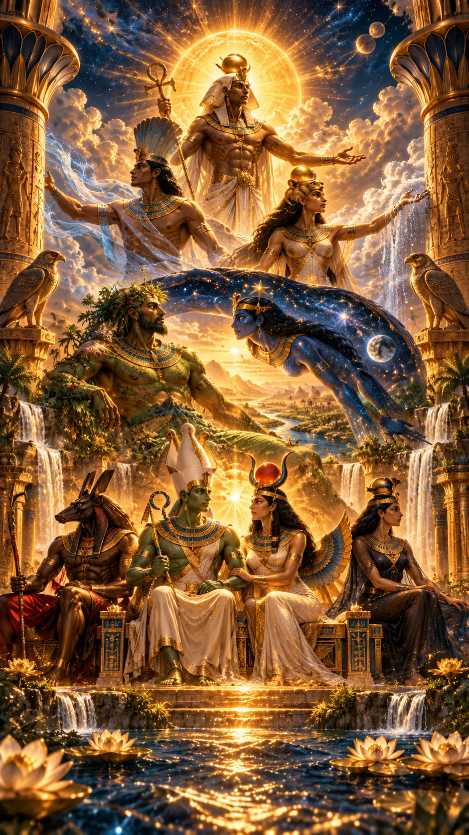 Vertical illustration of the Egyptian pantheon gathered around a sun disc above the Nile