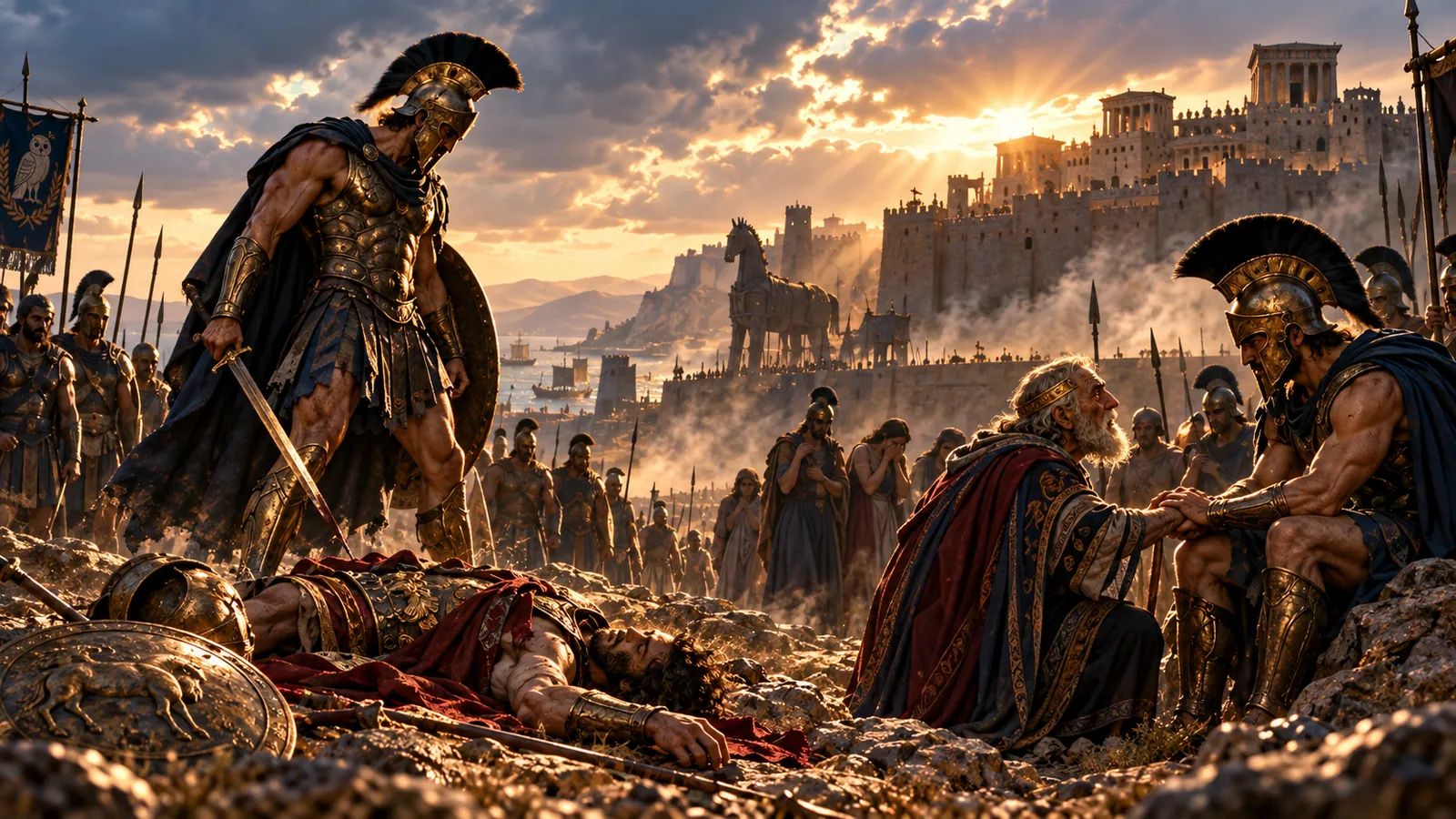 Illustration from the Greek Mythology course: Priam kneels before Achilles beside the fallen Hector, Troy behind them