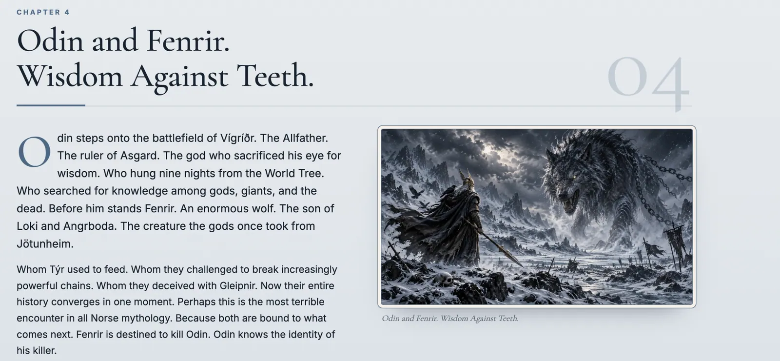 Screenshot of a Norse Mythology chapter page: “Odin and Fenrir. Wisdom Against Teeth.” with editorial text and illustration