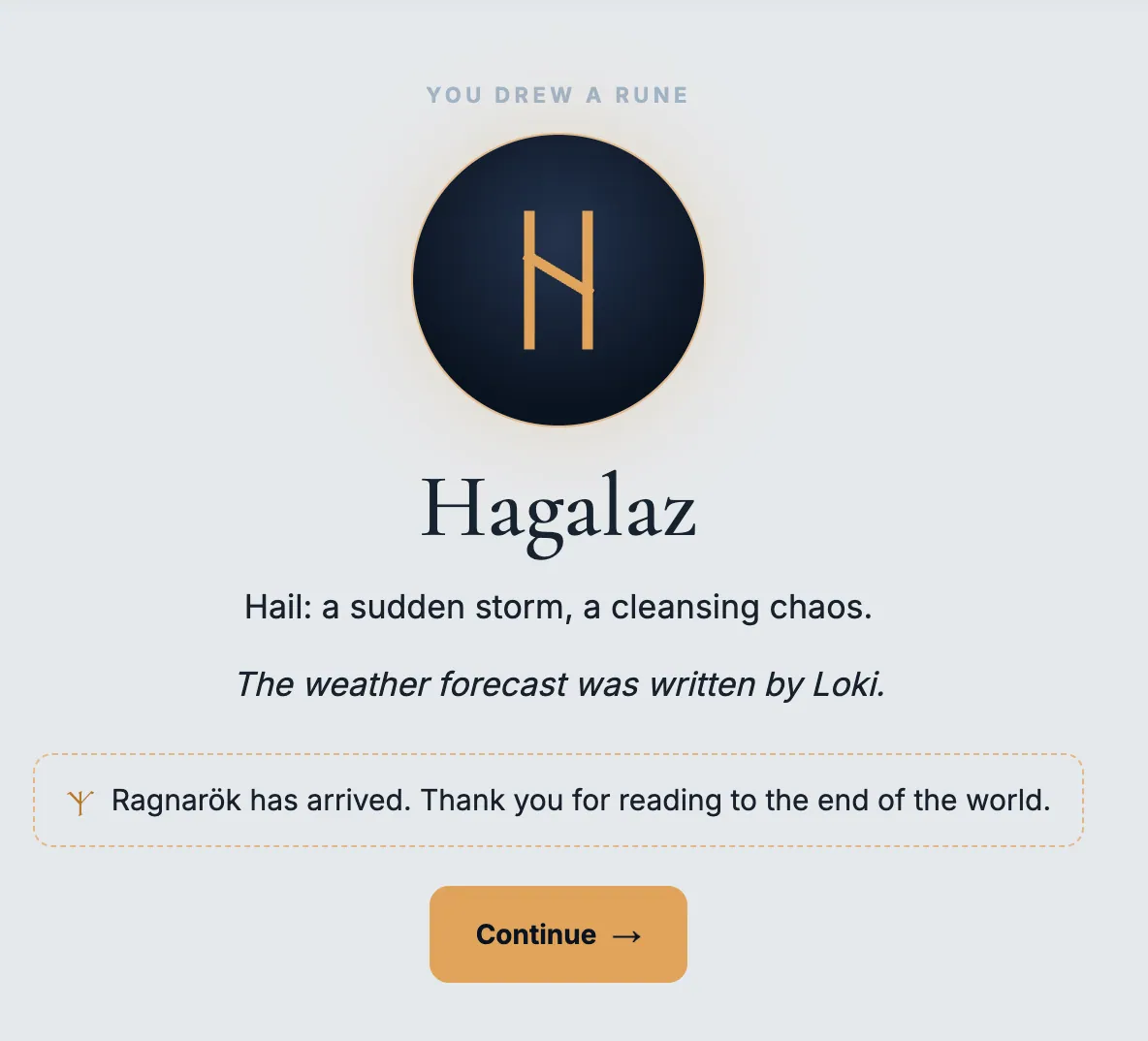 Screenshot of the rune draw activity: “You drew a rune — Hagalaz. Hail: a sudden storm, a cleansing chaos.”