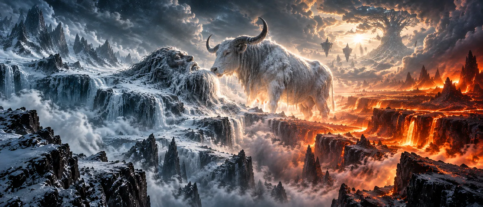 Panoramic illustration of Ymir and the cow Auðumbla between ice and fire at the edge of the world