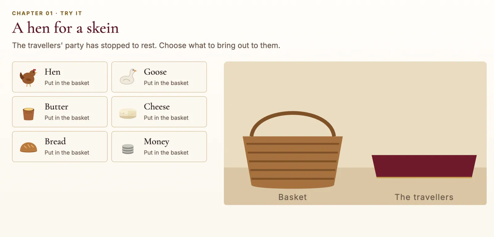 Screenshot of “A hen for a skein”: choose goods to place in a basket for travelling traders